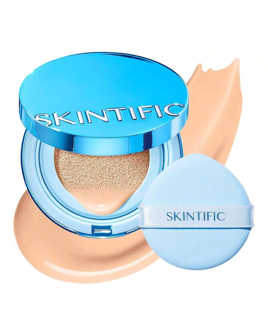 SKINTIFIC 藍色絲絨霧面氣墊粉底，全遮瑕，12小時控油，適合油性與混合肌膚，防水，持久，輕盈，保濕，不脫妝