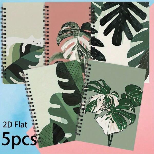 Juego de 5 cuadernos espiral A5, ideal para tareas diarias de oficina, con diseño simple de hoja tropical, adecuado para cualquier ocasión, temporada de regreso a la escuela, útiles escolares, útiles de oficina