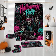 1/4pcs Neon Skull DJ Record Player Pumpkin Pattern Heat-Insulated Home Decor Bathroom Shower Curtain, With 12 Hooks, Suitable For Various Bathroom Scenes, Halloween Music Party Decoration - Skeleton DJ - View 6