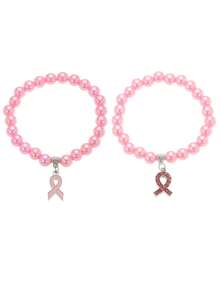 2 piezas/Set Pulsera de cuentas rosa con colgante de cinta rosa para concientización del cáncer de mama, accesorio para niños - Rosa - Ver 4