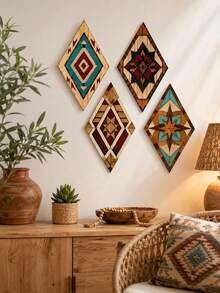 4pcs/Set Bohemian Style Wooden Wall Hanging Decor, Rhombus Geometric Pattern, Suitable For Living Room, Bedroom And Hallway, Rustic Farmhouse Home Decoration - Multicolor - View 4