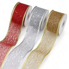 2 Inch/6.3cm Wide Sequin Mesh Ribbon With Wired Edge, Luxury Metallic Gold Silver Red Spider Web Fabric Tape, Suitable For Holiday Gift Wrapping, Wreath Decoration, Bow Making And DIY Craft Projects. - Ribbon - View 1