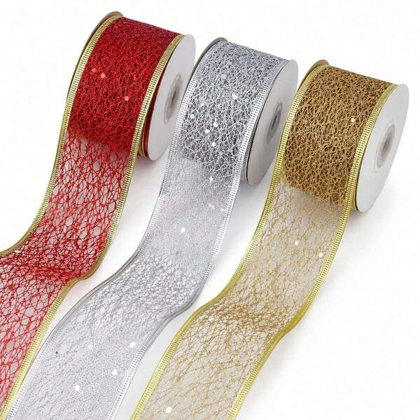 2 Inch/6.3cm Wide Sequin Mesh Ribbon With Wired Edge, Luxury Metallic Gold Silver Red Spider Web Fabric Tape, Suitable For Holiday Gift Wrapping, Wreath Decoration, Bow Making And DIY Craft Projects.