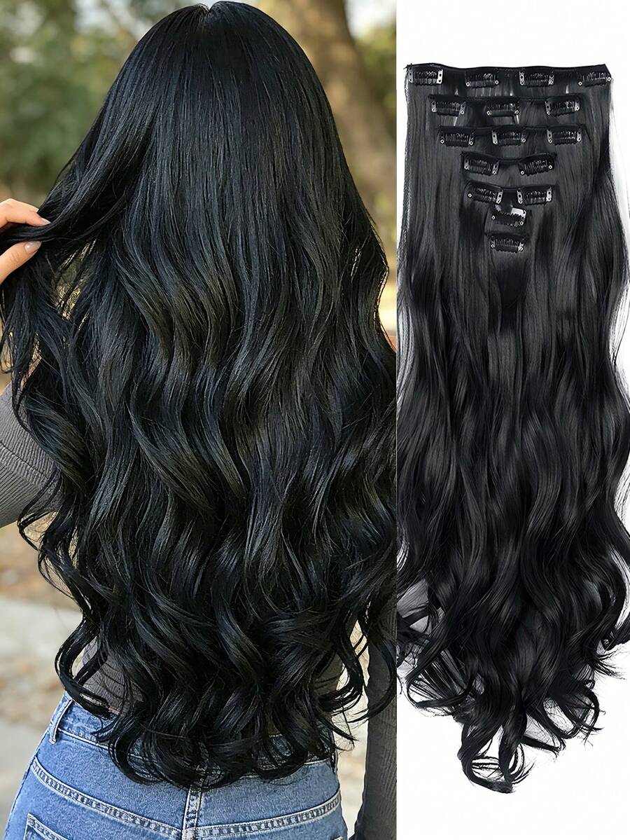 18-30 Inch Long Wavy Clip-In Hair Extensions, 7pcs/Set, Thickened Hair Pieces, Invisible Clip Design, Soft Synthetic Fiber, Black, For Women