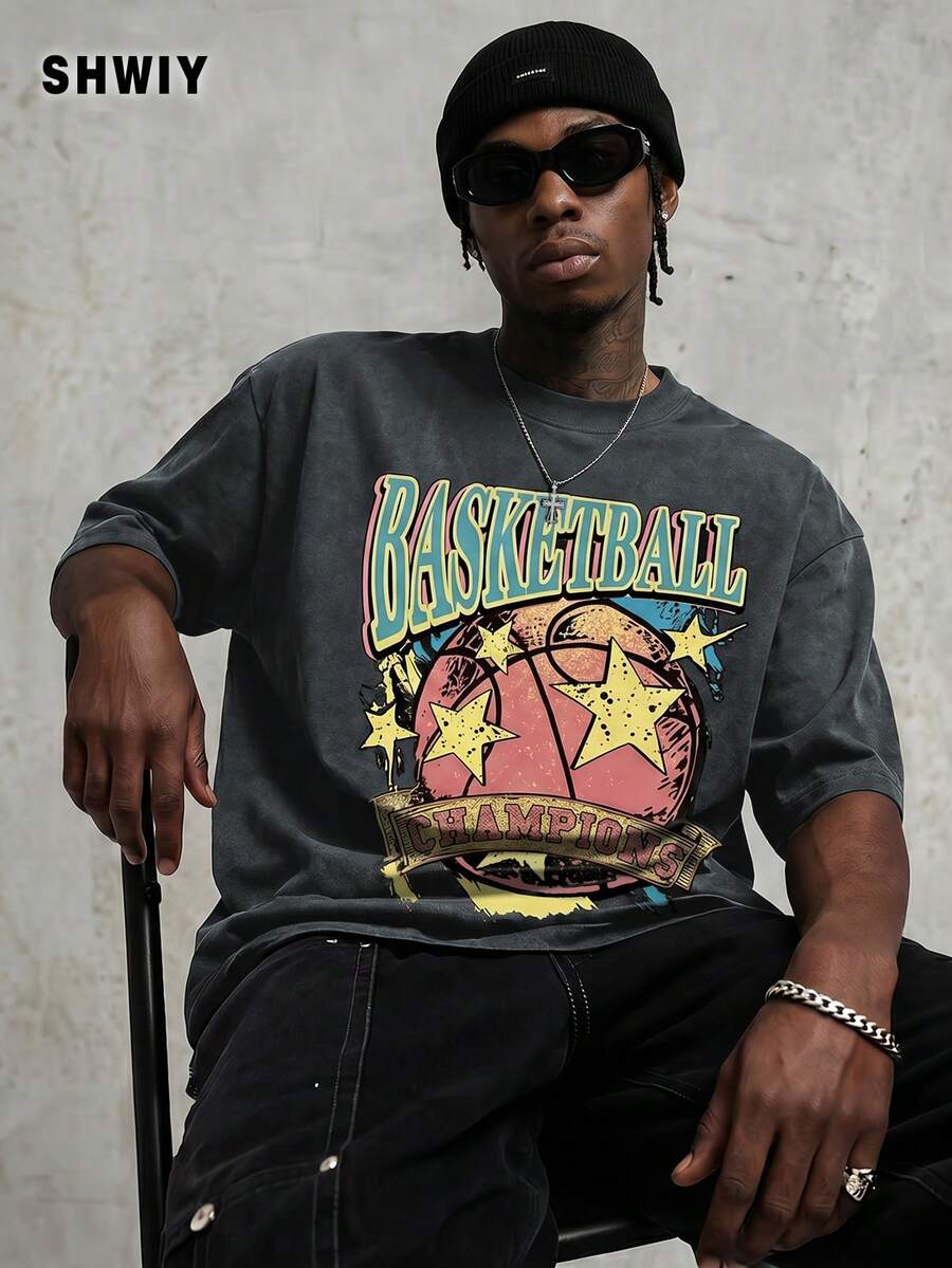 Shwiy Men's Street-Style Washed Black Short Sleeve T-Shirt With Basketball & Star Graphic Print, Suitable For School Wear And Gift - Dark Grey - View 1