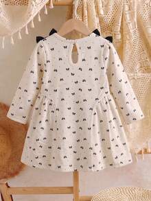 Girls' Casual Bowknot Print Long Sleeve Dress, Spring/Autumn - Apricot - View 8