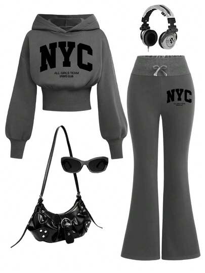 Tween Girl Letter Pattern Warm Hooded Sweatshirt And Flare Pants