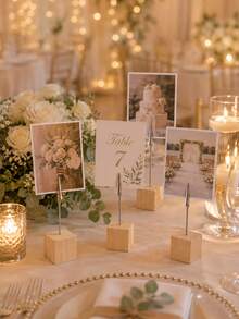 8/4 PC Wooden Photo Frame With Metal Alligator Clips, Wedding Party Seat Number Decoration Clips, Pine Message Card Display Stand, Suitable For Family Photos, Place Cards, Memos, Wedding Table Decorations. - Multicolor - View 4