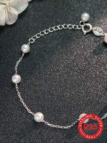 1 Stück S925 Sterling Silber französischer Stil Perlenarmband, elegantes Design mit ästhetischem Flair, vielseitiges Handgelenkaccessoire für Lässig, Einkaufen, Party, Reisen, geeignet als Geschenk für beste Freunde, exquisites zeitloses Nischenprodukt für den täglichen Gebrauch, Urlaubsgeschenk - Perle - Übersicht 7
