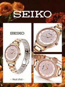 Seiko Women's Rose Gold Tone Quartz Watch Crystal Bezel Sand Texture Dial Accessory For Romantic Dates Afternoon Tea Anniversary Birthday Gift For Her - Rose Gold - View 7