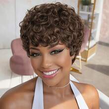 Short Curly Wave Human Hair Machine Made Glueless Wig Human Hair 6inch 180% Density Pixie Cut Wig For Women Short Curly Wave Highlight For Daily Use 4# Color For Party - S4 - View 2
