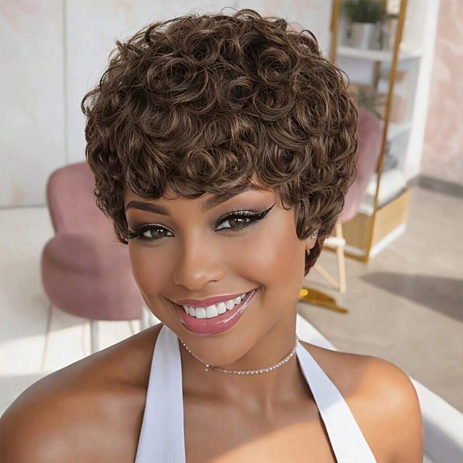 Short Curly Wave Human Hair Machine Made Glueless Wig Human Hair 6inch 180% Density Pixie Cut Wig For Women Short Curly Wave Highlight For Daily Use 4# Color For Party