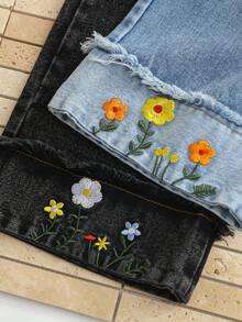 2pcs/Pack Spring/Autumn Children Girls Cuffed Floral Embroidered Denim Jeans, Casual Vacation Wear, Elastic Waist Long Pants - Multicolor - View 5