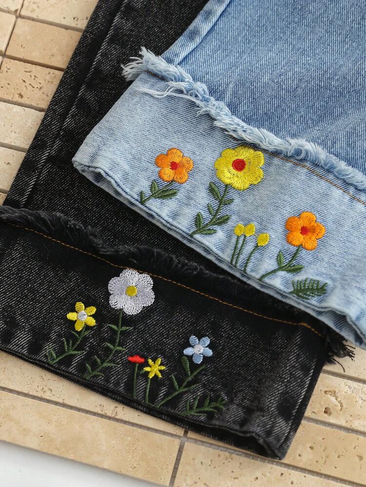 2件組 春/秋季女童花卉刺繡丹寧牛仔長褲，休閒度假穿著，鬆緊腰長褲 - 彩色 - 查看 5