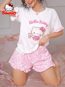 Sanrio 2件組女款 Hello Kitty 睡衣，字母數位印花，荷葉邊，可愛，粉色圓領，短袖短褲睡衣家居服套裝 - 彩色 - 查看 2