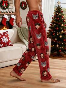 1pc Men's Customized Face & Pet Cat Photo Red Pajama Pants, Personalized Christmas Home Lounge Pants, Christmas Gift For Husband - Multicolor - View 2