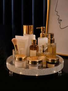 360° Rotating Full Rhinestone Cosmetic Tray, Luxury Perfume & Skincare Storage Display Plate, Bathroom Countertop/Vanity Decor - Multicolor - View 4
