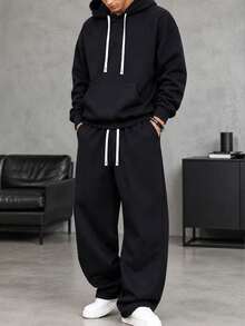 HEYKESON Men's 2 Pieces Sports Set Loose Pullover Hoodie And Wide Leg Drawstring Sweatpants Casual Outfit - Black - View 2