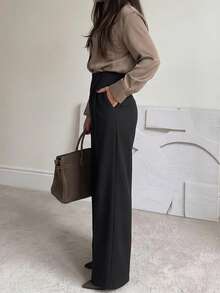 Elegant Office Wear High Waist Bodycon Front Slit Wide Leg Suit Pants Office Essential Black Long Pants - Black - View 4