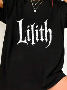 Autumn Outfit, Oversized Short Sleeve T-Shirt With Gothic Letter Print For Women, Plus Size Top, Fast Local Delivery - 黑色 - 查看 1