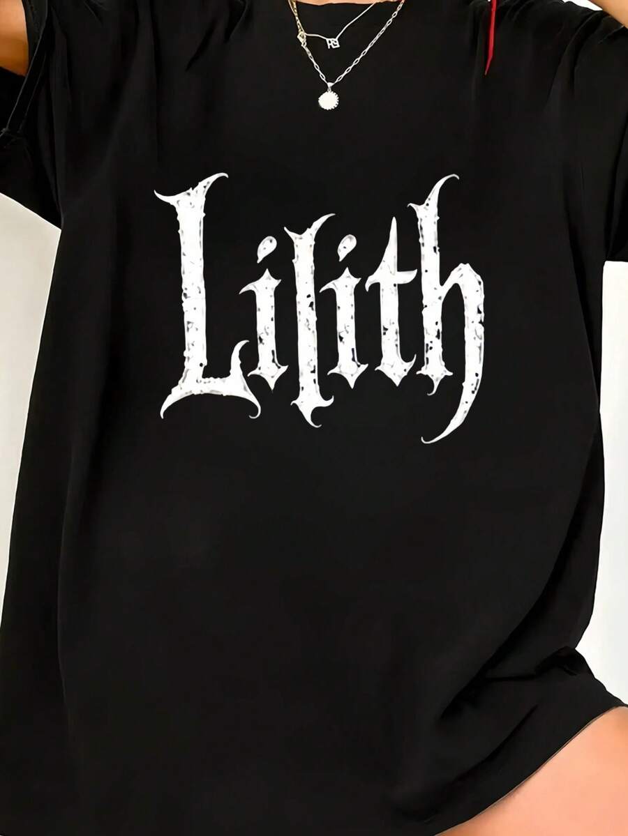 Autumn Outfit, Oversized Short Sleeve T-Shirt With Gothic Letter Print For Women, Plus Size Top, Fast Local Delivery - 黑色 - 查看 1