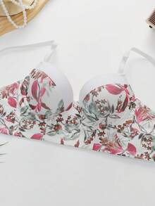Women's Underwire Push-Up Bra, Pastoral Floral Print, Contrast Color Waistband, Comfortable Thick Padded Molded Cups - White - View 5