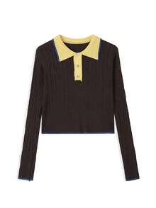 Versatile Design Polo Collar Contrast Color Long Sleeve Top - Coffee Brown - View 6