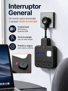 Cable de extensión corto con puertos USB, protector contra sobrecarga con múltiples enchufes, 3 tomas de corriente y 4 USB (1 USB C 5V/1A), estación de carga de pared plana con luz nocturna suave para el hogar, oficina o dormitorio - Tipo de Enchufe A USA (110-127V) - Ver 7