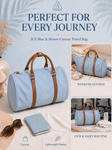3CE Blue & Brown Canvas Travel Bag, Durable Canvas With Brown Leather Handles, Smooth Zipper Closure, Large Capacity, Lightweight Handheld, Daily Use - Blue-brown - View 9