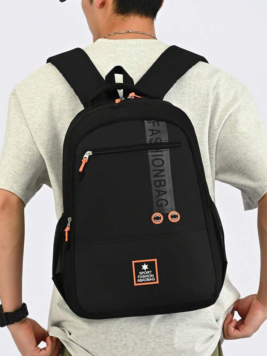 Unisex Backpack, Black & Grey Contrast Color Sports Star Logo Daily Use Bag, Multiple Front Zipper Pockets, Suitable For School, Gym, Daily Commute - Multicolor - View 1