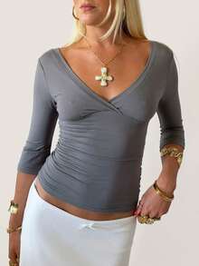 Womens Surplice Wrap Deep V 3/4 Sleeve Crop Top, Side Ruched Stretch Slim Y2K Layering Going Out Blouse - Ash - View 2