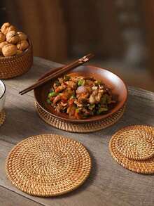 1pc/6pcs Handmade Woven Rattan Placemats, Japanese Minimalist Brown Round Heat-Resistant Anti-Scald Cup Coasters Placemats Suitable For Dining Table, Coffee Table, Home Essentials - Brown - View 9