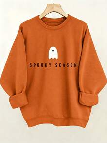 Plus Size Halloween Sweatshirt, Casual Autumn/Winter Pullover, Crew Neck Long Sleeve Sweatshirt, Vacation Style Autumn Collection - Orange - View 1