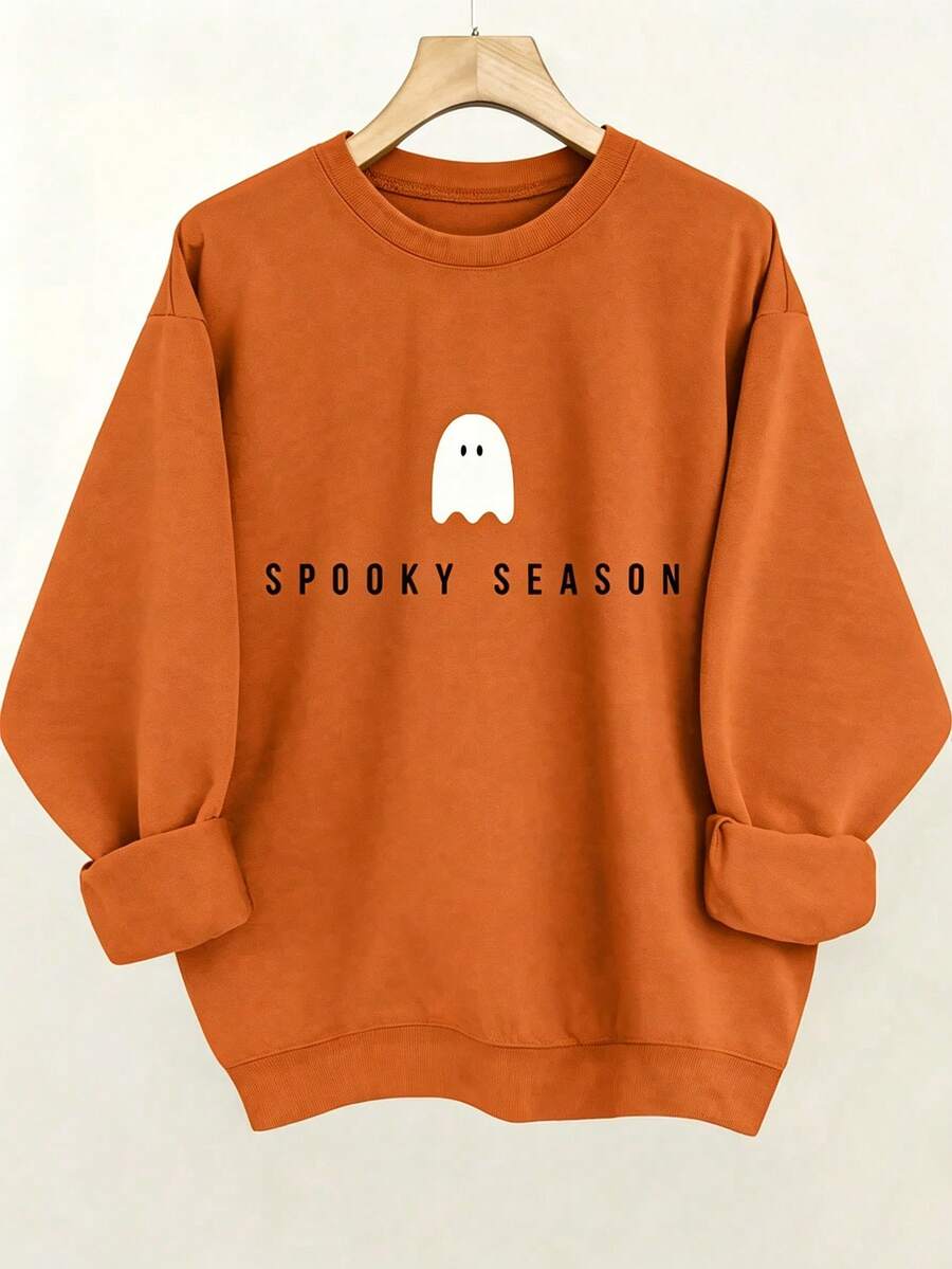 Plus Size Halloween Sweatshirt, Casual Autumn/Winter Pullover, Crew Neck Long Sleeve Sweatshirt, Vacation Style Autumn Collection - Orange - View 1