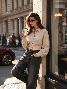 PEONY Damen Herbst elegantes lässiges minimalistisches Pendler einfarbiges Khaki Hemd mit Knopfleiste, geeignet für tägliches Tragen, Büro, Arbeitsweg, Outdoor, Straße, lässiger Urlaub, Schulanfang, Party, Feiertag, Geburtstagsparty - Aprikosenfarben - Übersicht 6
