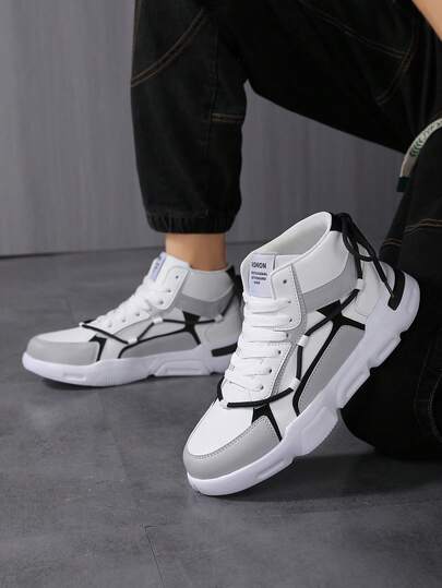 Men's PU Patchwork High-Top Sneakers/All-Season Outdoor Lightweight Comfortable Front Lace-Up Fashion Sports Shoes