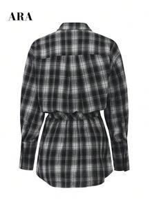 ARA Women Plaid Shirt Mini Dress, Collared Long Sleeve Button Down Waist Ruched Tunic Dress, Vintage American Checkered Shirt Dress For Autumn Winter - Black and White - View 10