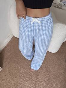 1pc Women's Dual-Color Plaid Print Soft Comfortable Flannel Thermal Lined Pajama Pants, Autumn/Winter - Blue - View 3