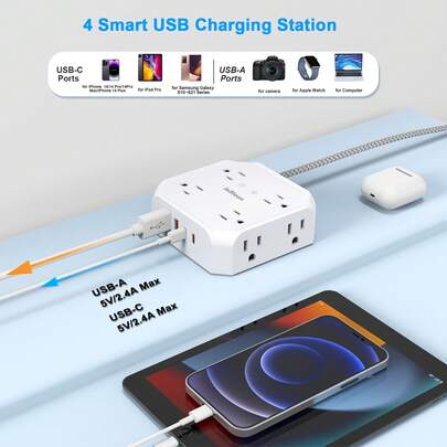 Regleta de carga USB, toma de corriente 12 en 1 con 8 enchufes de CA, puertos Type-C y USB-A, cable trenzado de 5 pies, enchufe plano delgado, diseño para montaje en pared para viajes, oficina y dormitorio