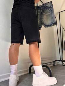牛仔短褲 5英吋長度 原色毛邊 寬鬆寬腿 中長款 夏季 Y2K 街頭休閒 百搭時尚復古風 - 黑色 - 查看 3