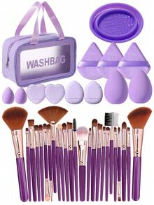 25/30/38Pcs Complete Cosmetic Tool Set,25Pcs Soft Synthetic Makeup Brushes,Waterproof Zipper Toiletry Bag,Assorted Makeup Sponges,Triangle & Mini Air Cushion Powder Puffs,Portable Multipurpose Makeup Tools For Daily Face & Eye Makeup Application - Purple - View 1