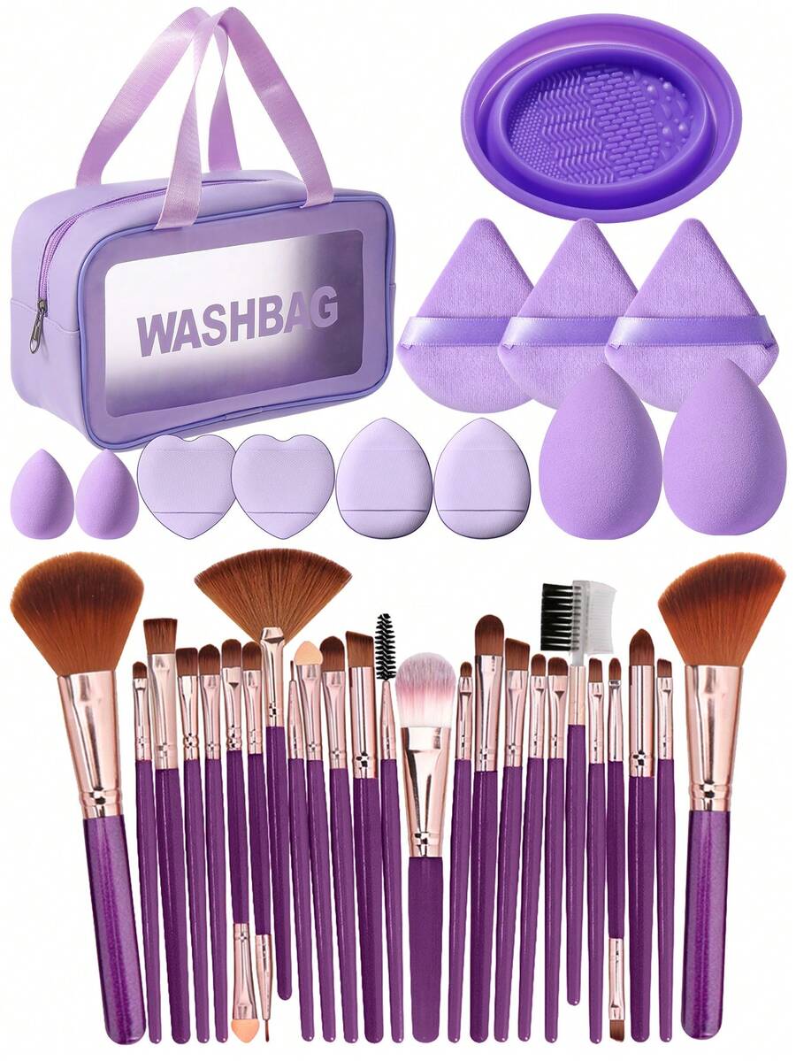 25/30/38Pcs Complete Cosmetic Tool Set,25Pcs Soft Synthetic Makeup Brushes,Waterproof Zipper Toiletry Bag,Assorted Makeup Sponges,Triangle & Mini Air Cushion Powder Puffs,Portable Multipurpose Makeup Tools For Daily Face & Eye Makeup Application - Purple - View 1