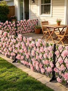 1pc Artificial Cherry Blossom Expandable Wooden Lattice Fence, Outdoor Privacy Protection Floral Screen, Decorative Fence With Artificial Hedge And Floral Concealment Function, Expandable Flower Rack, Suitable For Balcony, Patio And Outdoor, UV Resistant Fence, Privacy Screen, Suitable For Garden, Wedding Decoration Background, Home Garden Decoration - Multicolor - View 3
