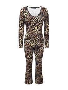 LovelyWholesale Conjunto de dos piezas para mujer con top de manga larga con cuello en V y estampado de leopardo, y pantalones acampanados, atuendos elegantes para otoño y caída - Multicolor - Ver 4