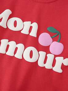 Girls Long Sleeve Sweatshirt With 3D Puff Letter Mon Amour & Cherry Patch Print, Loose Sweet Casual Pullover Top For Toddlers - Red - View 5