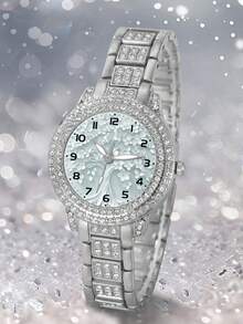 Women's Sparkling Rhinestone Watch, Silver Metal Chain Strap, Delicate Cherry Blossom Floral Dial Analog Wristwatch, Suitable For Daily, Party, Date - A - View 4