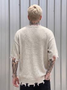 BLACKTOEXIT Men's Knitted Short Sleeve Crew Neck Loose Drop Shoulder American Street Style Distressed Raw Edge Fringe Solid Color Vintage Knit T-Shirt Spring - Apricot - View 5