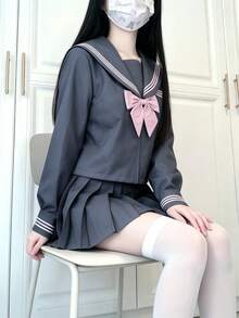 1件裝可愛校園JK制服套裝，附領結，女款校園風水手JK制服，灰色粉色長袖百褶裙，秋季款 - 灰色 - 查看 3