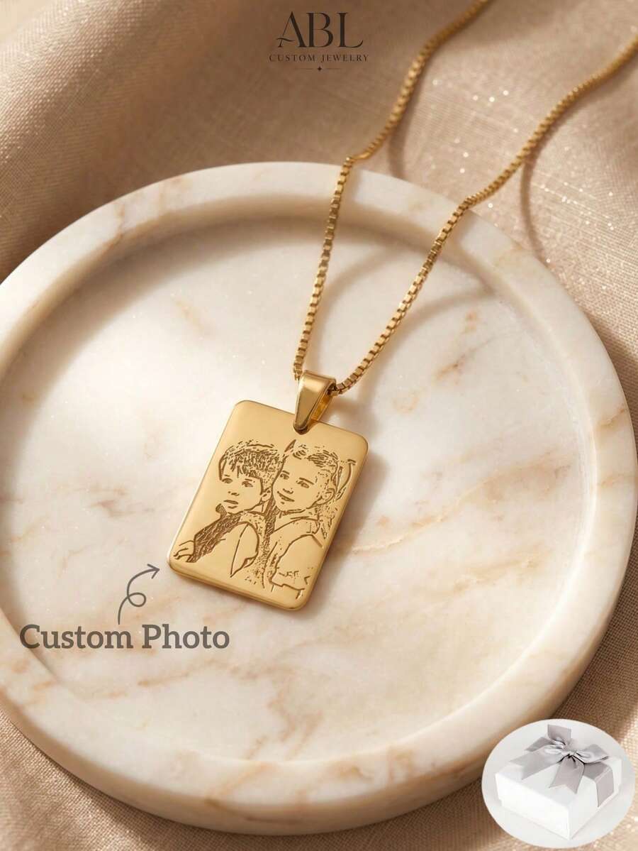 Personalized Photo Engraved Locket Necklace, Custom Photo Engraving, 18K Stainless Steel Chain, Gold/Silver Portrait Pendant, Personalized Family/Pet Jewelry, Perfect Gift - Multicolor-box Chain - View 1