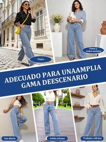 Pantalones vaqueros rectos elásticos para mujer, cómodos y holgados, confeccionados en tejido vaquero resistente, adecuados para estilos informales y urbanos. - 2039 azul - Ver 4